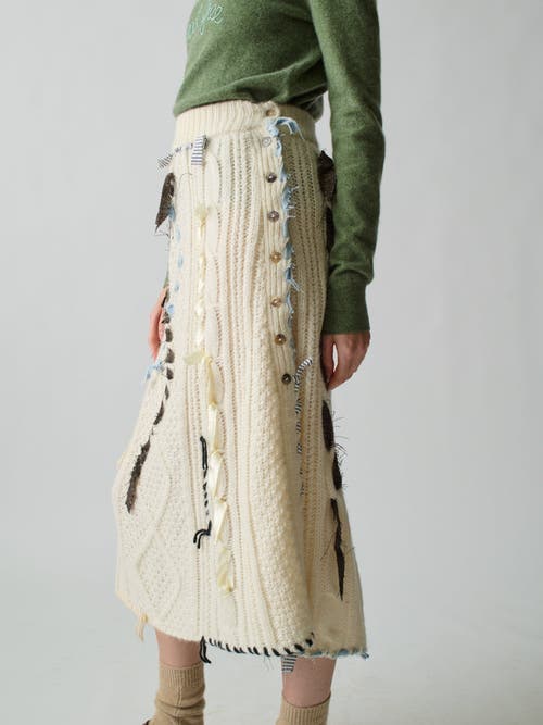 Lingua Franca Jade Embellished Cable Knit Skirt in Ivory 