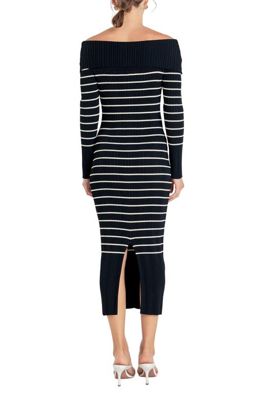 Shop Endless Rose Stripe Off The Shoulder Long Sleeve Sweater Dress In Black Striped