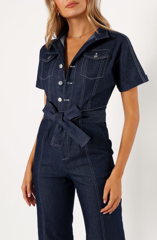 Shop Petal And Pup Petal & Pup Short Sleeve Denim Jumpsuit In Dark Denim