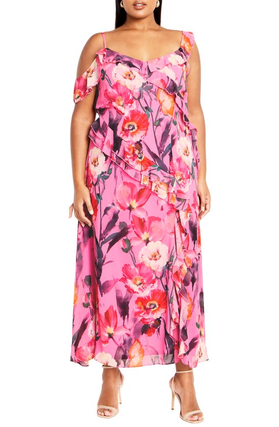 Shop City Chic Love Floral Ruffle Cold Shoulder Maxi Dress In Lovers Lane