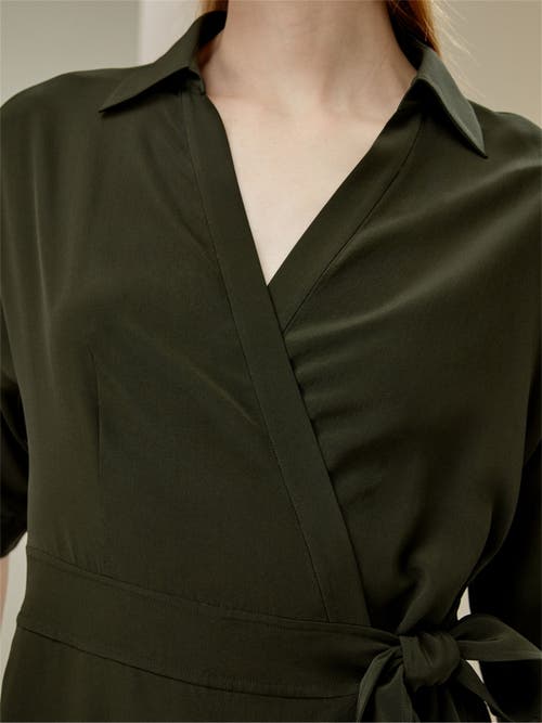 Shop Lilysilk Front Tie Wrap Silk Dress In Olive Green