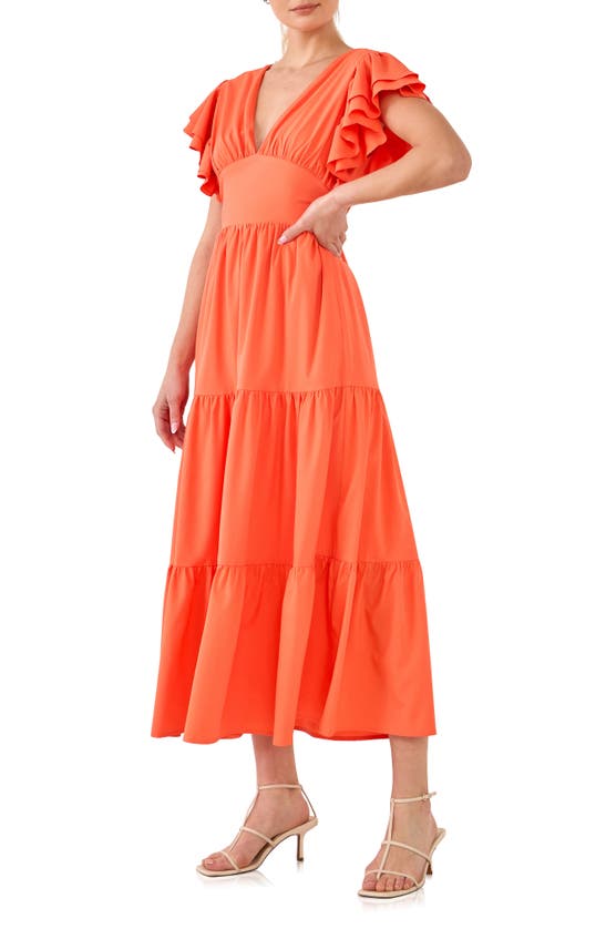 Shop English Factory Flutter Sleeve Cutout Midi Dress In Orange