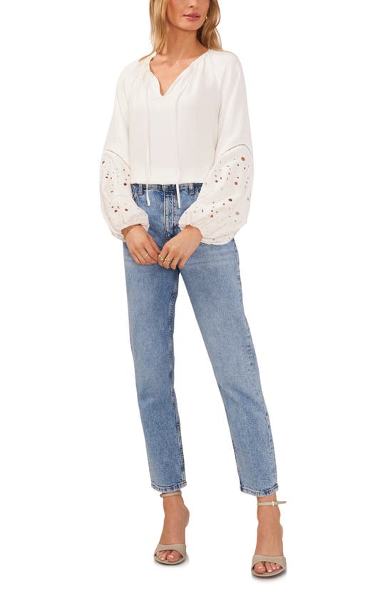 Vince Camuto Eyelet Accent Split Neck Top In Ultra White