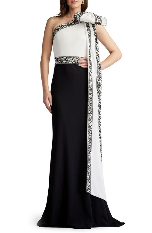 Shop Tadashi Shoji Lace Detail One-shoulder Gown In Ivory/black