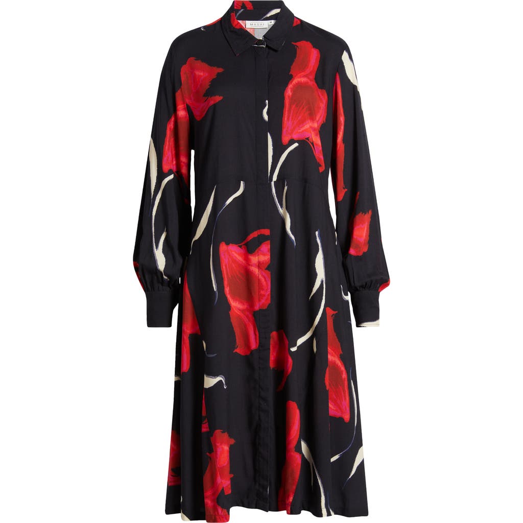 Masai Copenhagen Nadia Floral Long Sleeve Midi Shirtdress In Haute Red