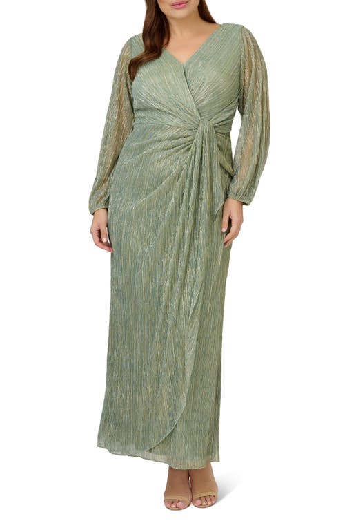 Adrianna Papell Metallic Long Sleeve Mesh Evening Gown in Green Slate