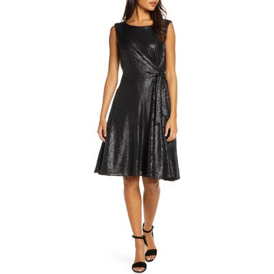 Tahari Matte Sequin Side Tie Sleeveless Fit & Flare Dress, Black
