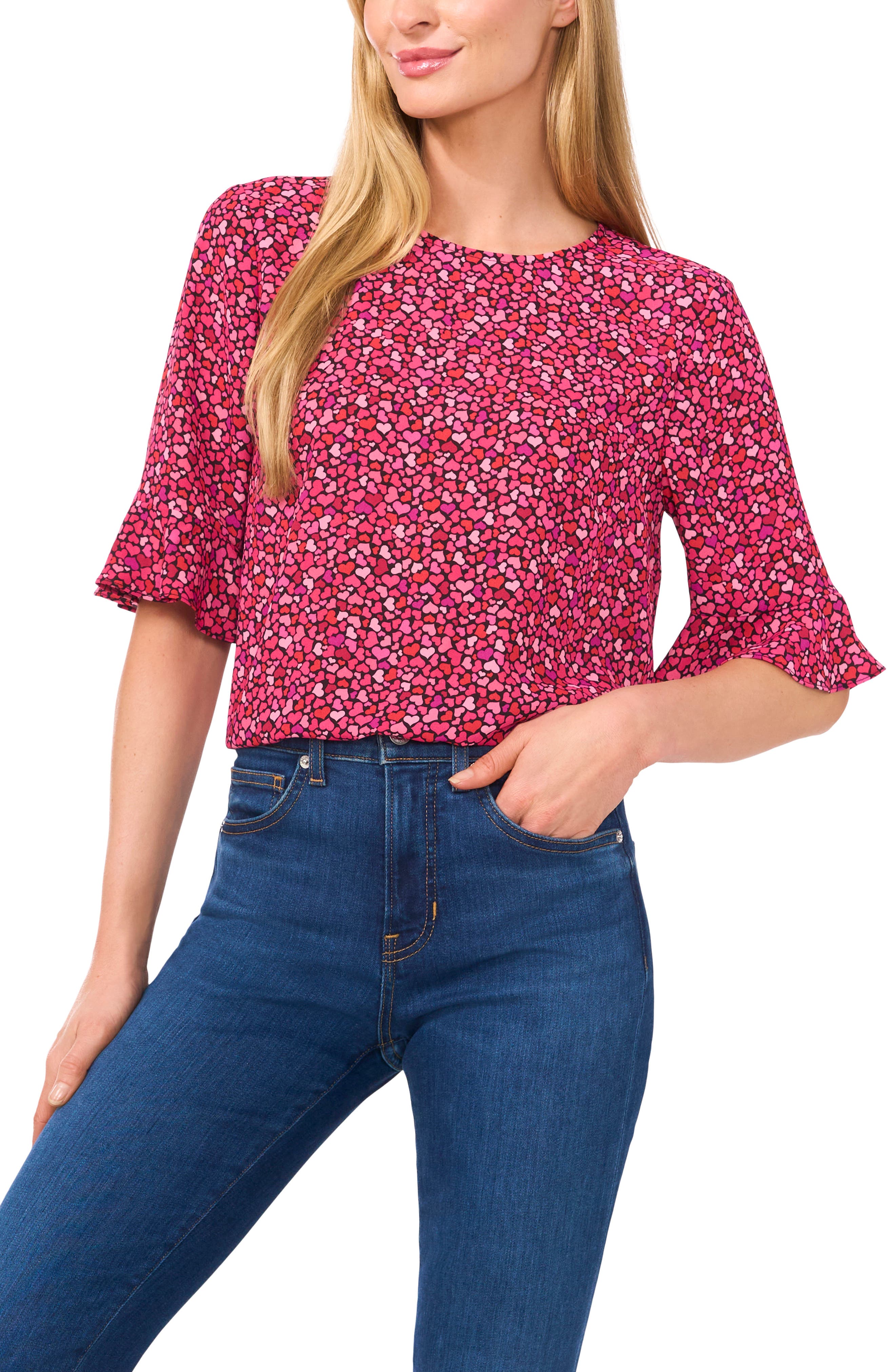 CeCe Heart Print Georgette Top in Rich Black/Pink/Red 