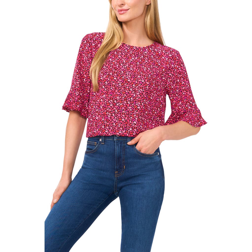 CeCe Heart Print Georgette Top in Rich Black/Pink/Red
