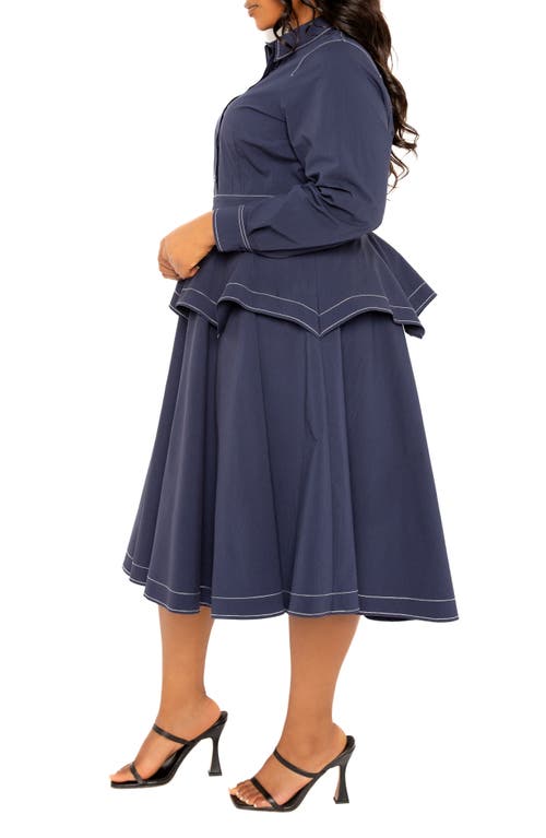 Shop Buxom Couture Topstitched Long Sleeve Peplum Shirtdress In Navy