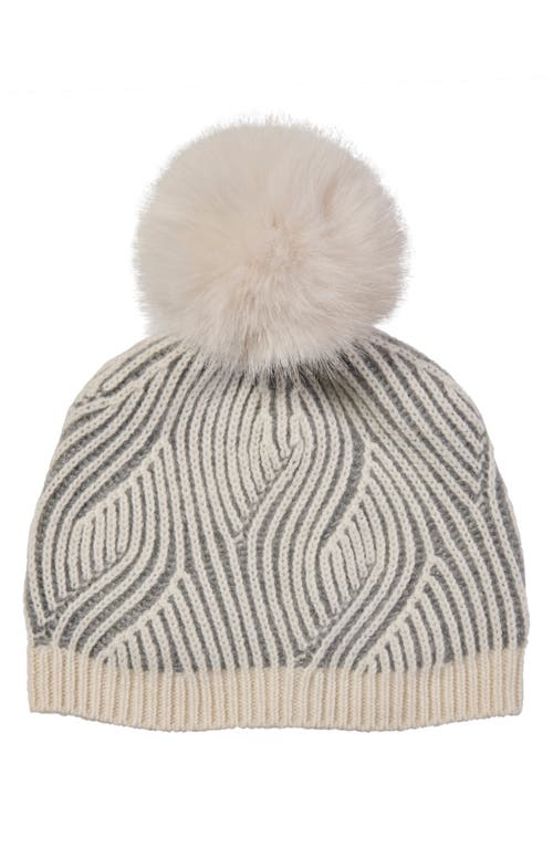 Sofia Cashmere Faux Fur Pompom Plaited Rib Cashmere Knit Beanie In Grey/ivory
