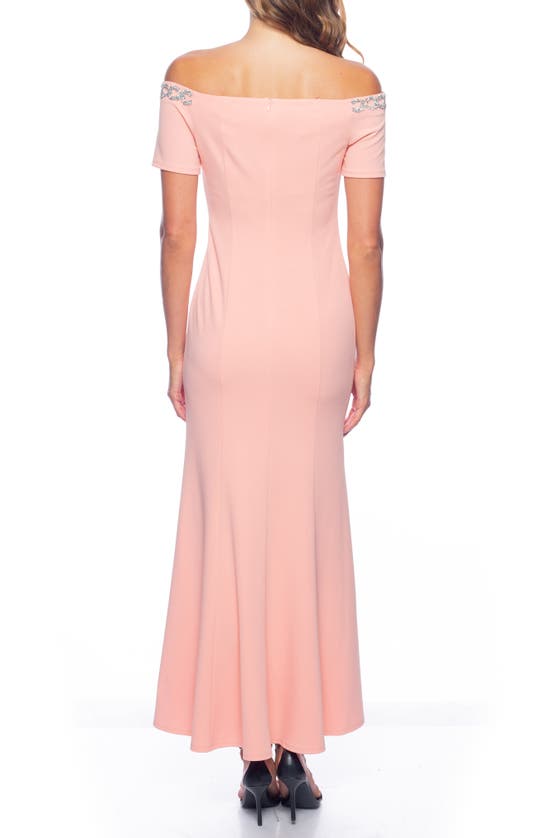 Shop Marina Beaded Off-the-shoulder Short Sleeve Trumpet Gown In Coral