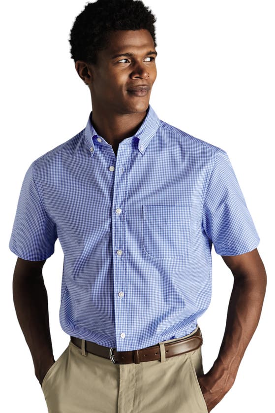 Shop Charles Tyrwhitt Slim Fit Button-down Collar Non-iron Stretch Mini Gingham Short Sleeve Shirt In Ocean Blue