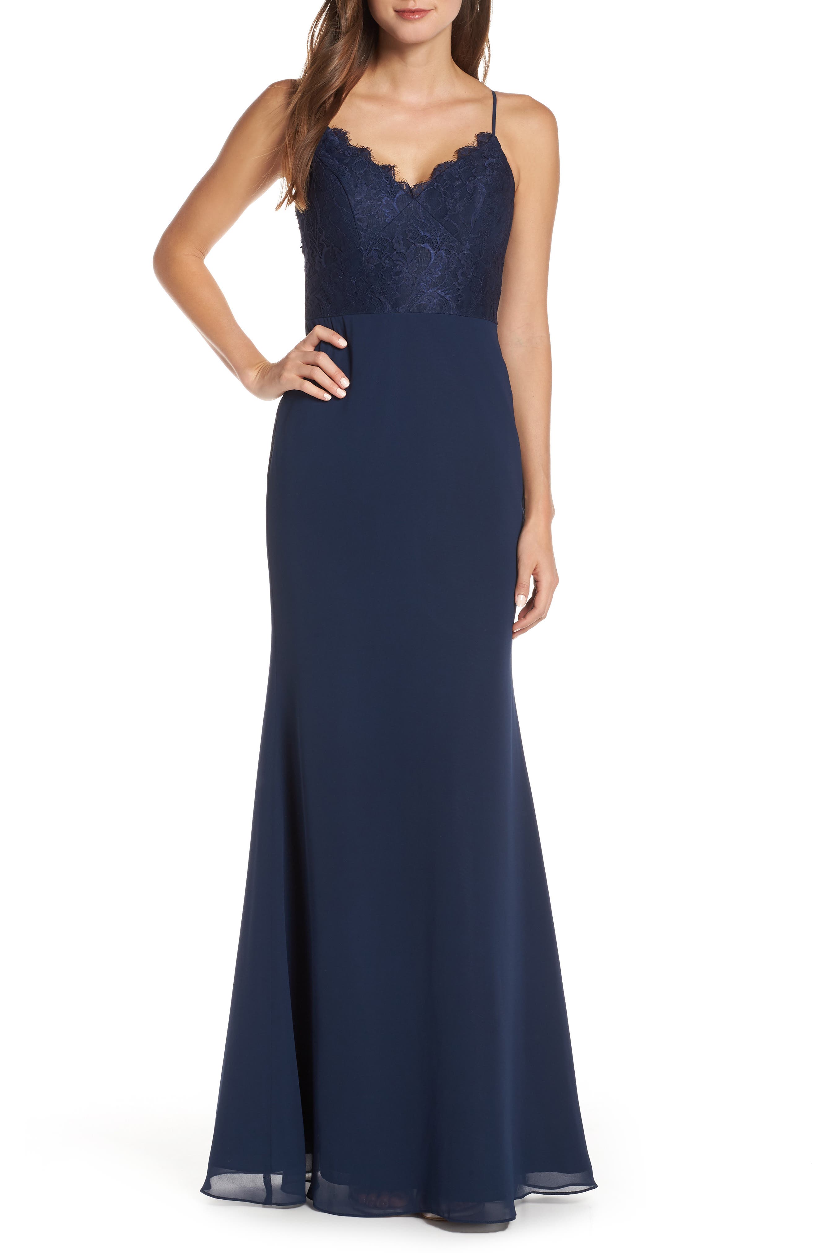 Hayley Paige Occasions Sleeveless Rose Lace & Chiffon Evening Dress, Blue