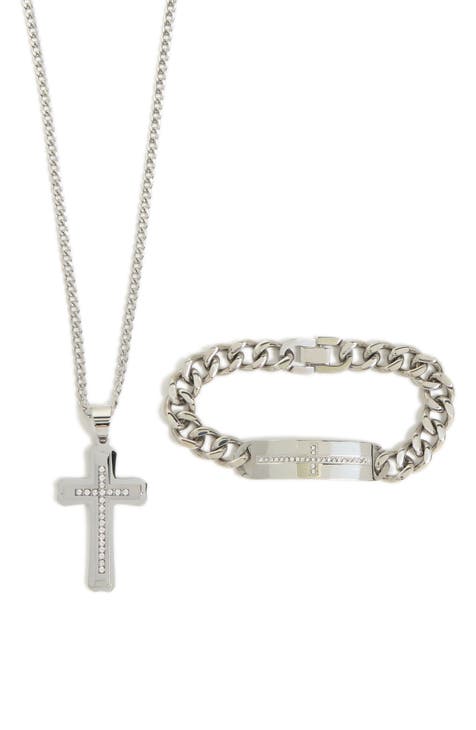 Men's Crystal Cross Pendant Necklace & Bracelet Set