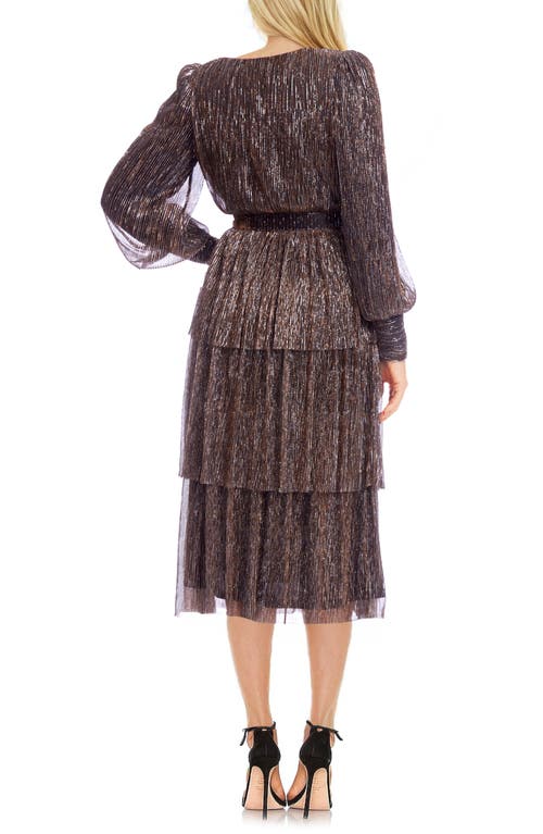 Shop Jewel Badgley Mischka Metallic Stripe Long Sleeve Tiered Cocktail Dress In Copper