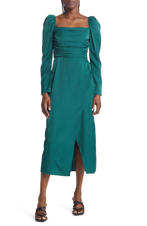 Ruched Long Sleeve Midi Dress in Green