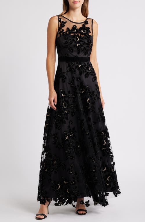 Shop Eliza J Flocked Metallic Tulle Gown In Black