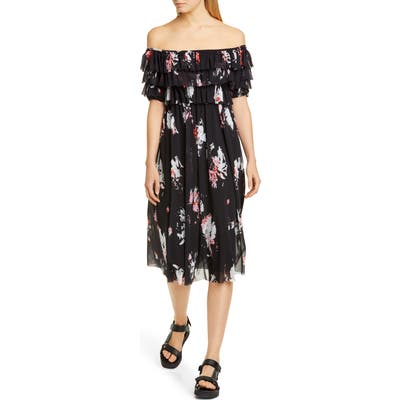 Fuzzi Ruffle Floral Print Off The Shoulder Tulle Dress, Black