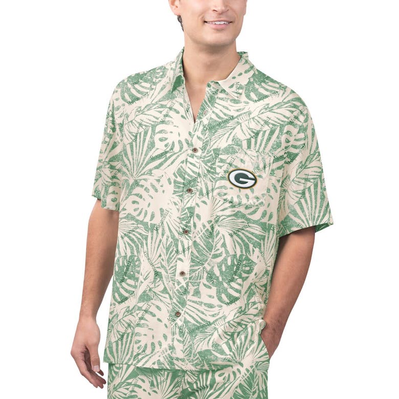 Shop Margaritaville Tan Green Bay Packers Sand Washed Monstera Print Party Button-up Shirt In Cream