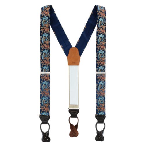 Shop Trafalgar Birds Of Prosperity Silk Button End Suspenders (braces) And Bow Tie Set In Navy