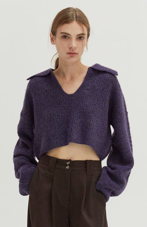 Shop Crescent Waffle Polo Crop Sweater In Purple