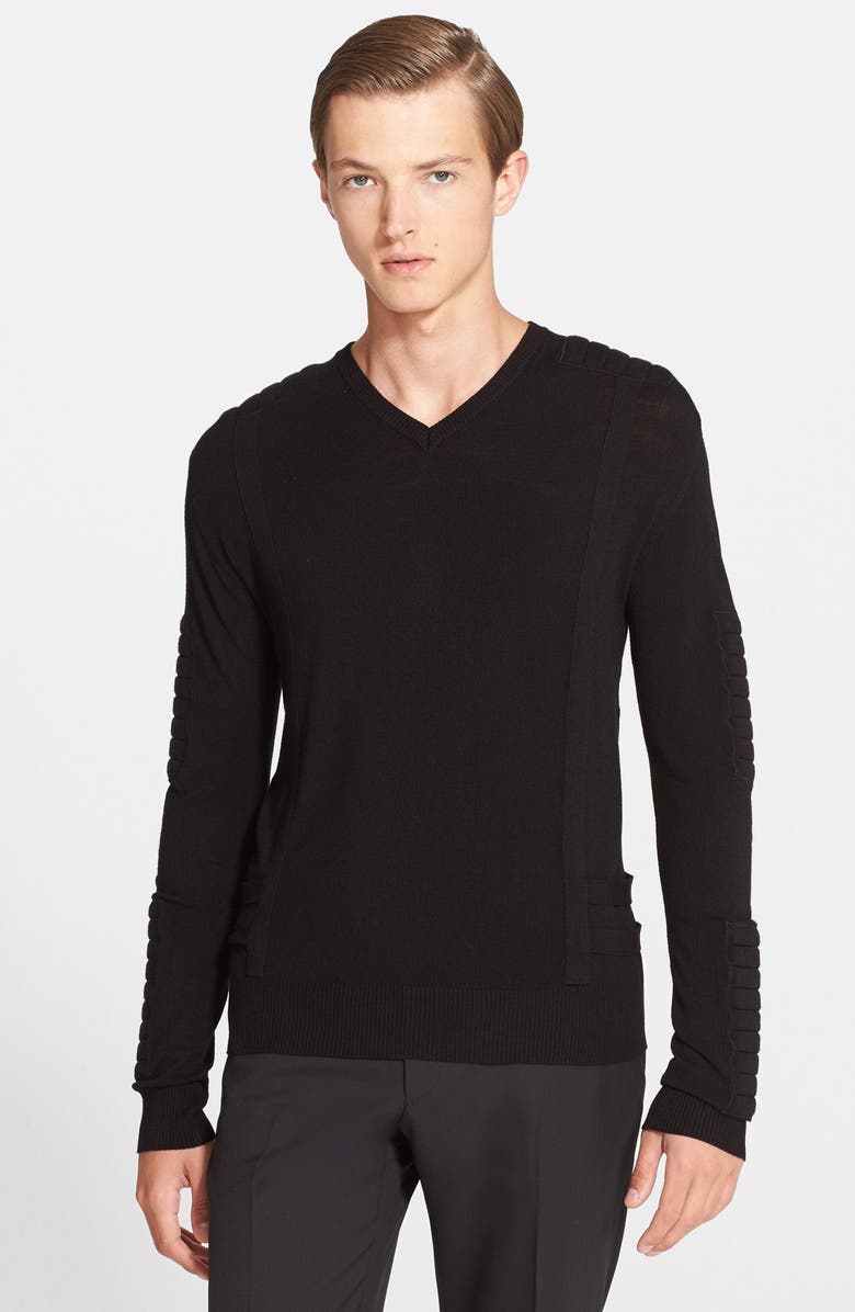 Pierre Balmain Moto V-Neck Sweater with Padded Trim | Nordstrom