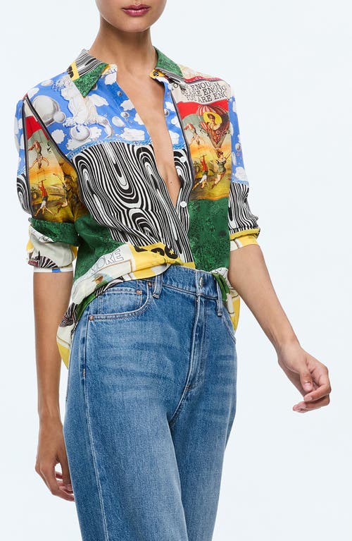 Shop Alice And Olivia Alice + Olivia Willa Mixed Print Silk Button-up Shirt In Haute Couture