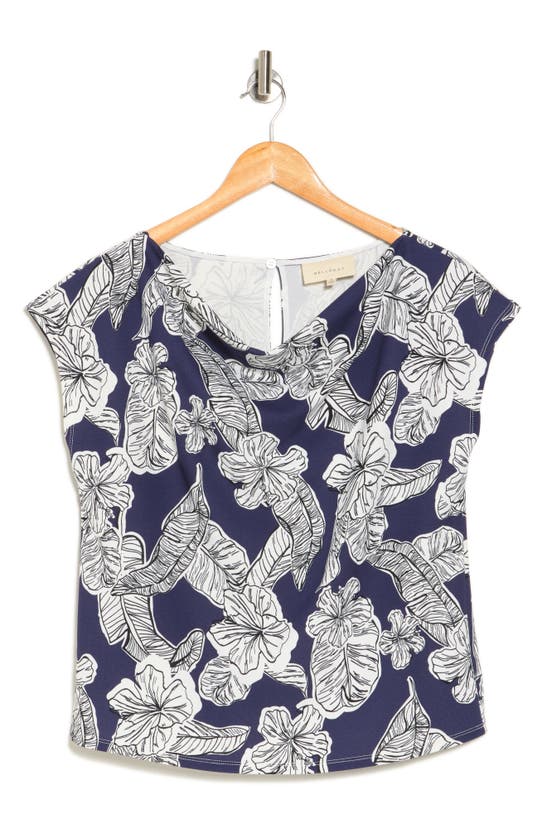 Melloday Floral Cowl Neck Cap Sleeve Top In Navy Ivory