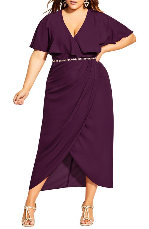 City Chic Enchant Cape Sleeve Belted Maxi Dress Mulberry at