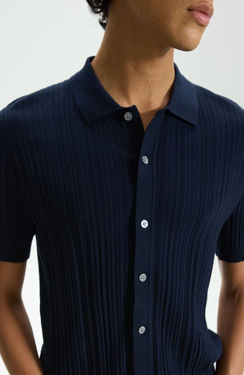 Shop Theory Cairn Rib Short Sleeve Button-up Knit Shirt In Baltic