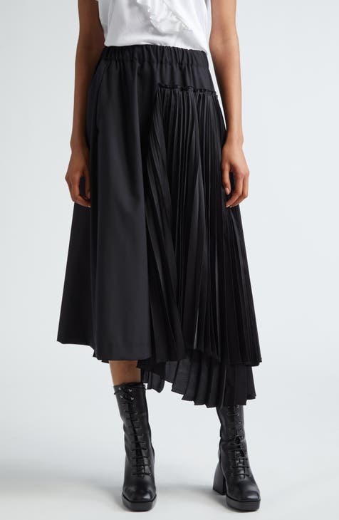 Pleated Satin Inset Wool Skirt