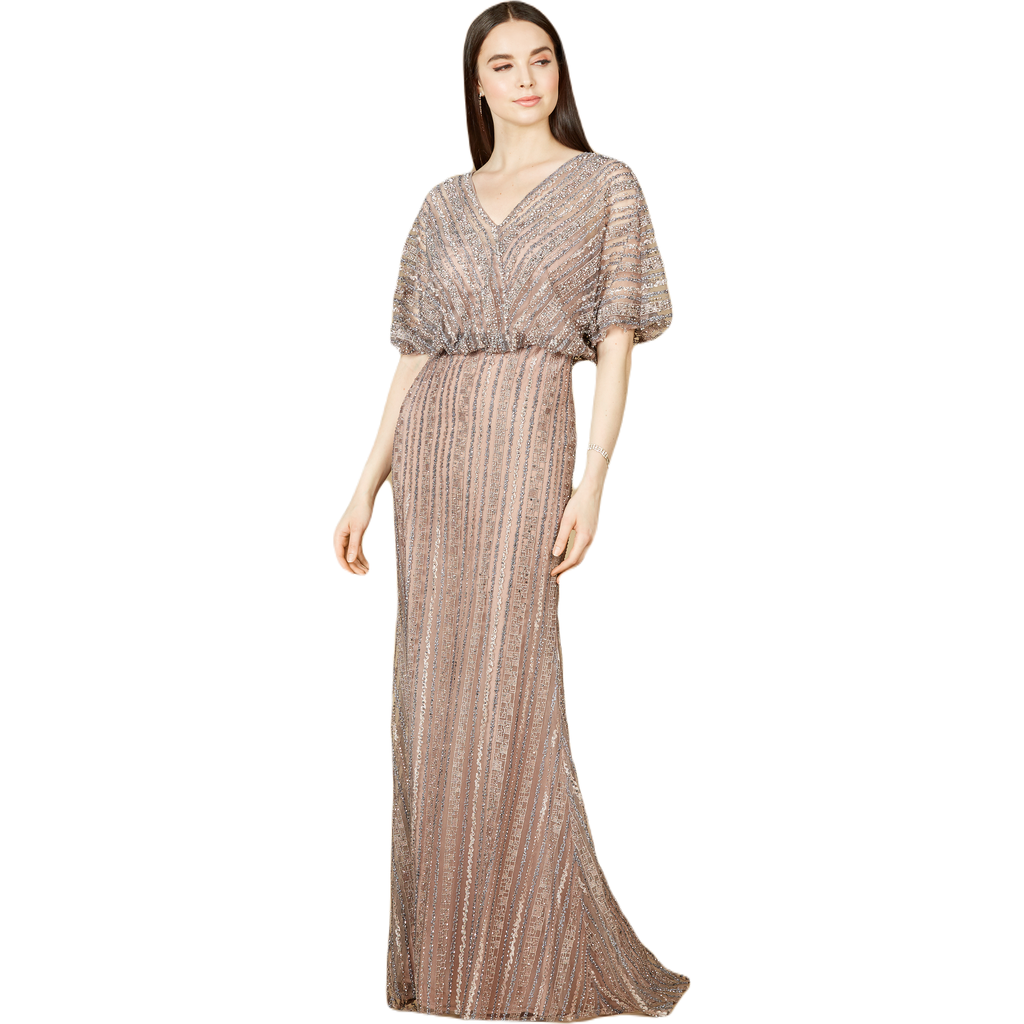 Lara New York Cape Sleeve V-neck Gown With Geometric Beading In Dustypurple