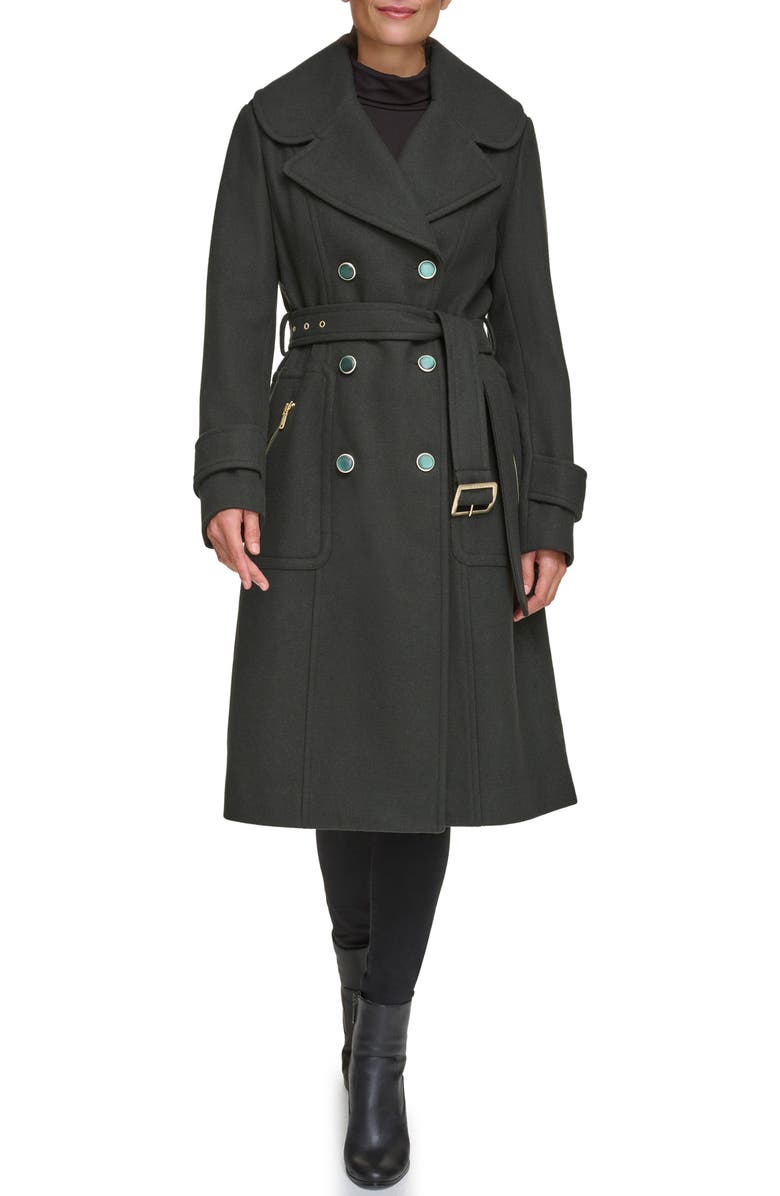 GUESS Double Breasted Belted Wool Blend Coat