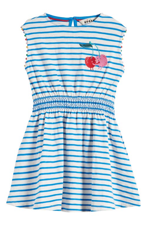 Mini Boden Kids' Stripe Cotton Jersey Dress In Greek Blue/ivory Cherries
