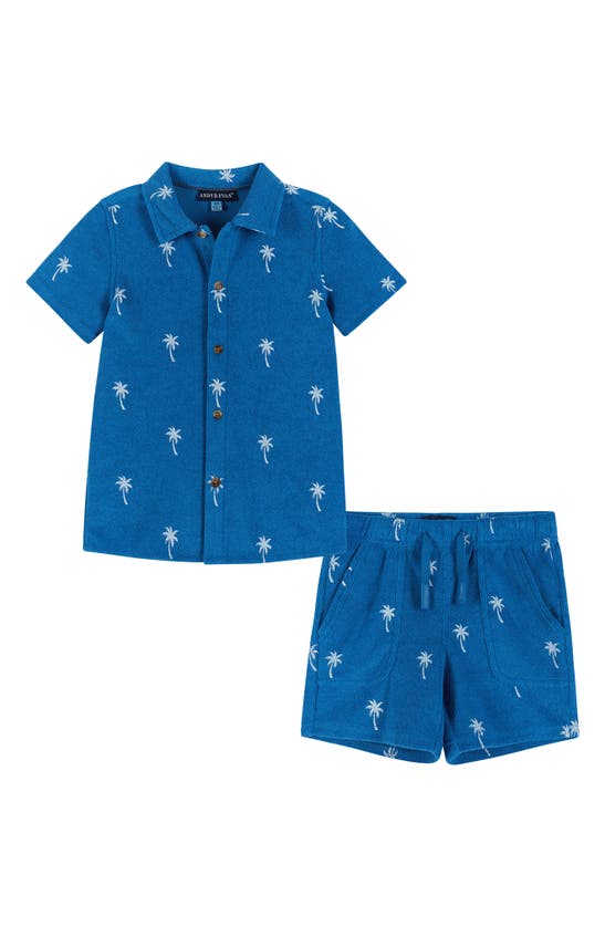 Andy & Evan Kids' Palm Terry Button-up Shirt & Shorts Set In Blue Palm
