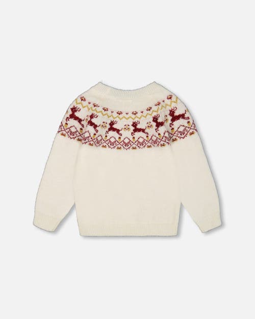 Deux Par Deux Little Girl's Sweater With Christmas Intarsia Off White And Red In Off White