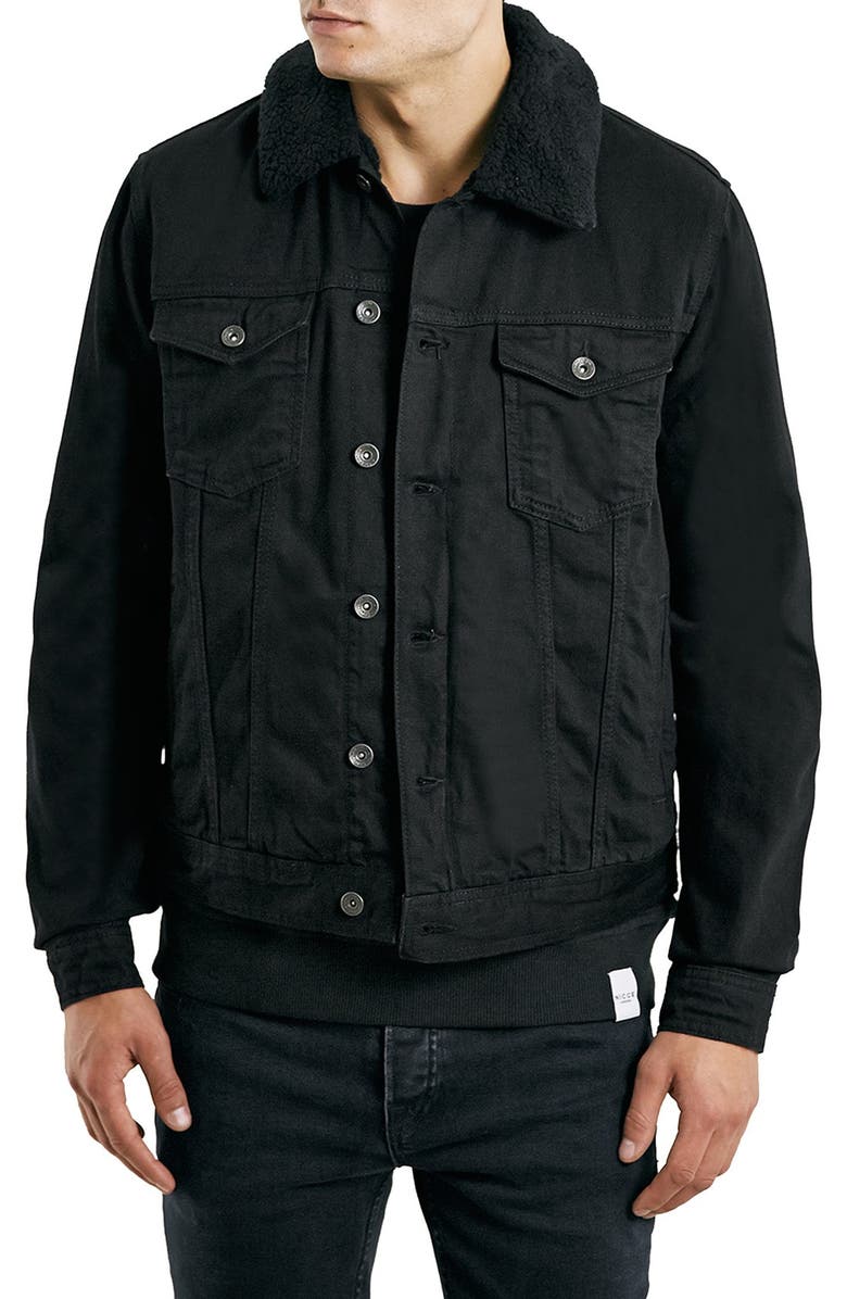 Topman Fleece Lined Black Denim Jacket With Plush Collar Nordstrom