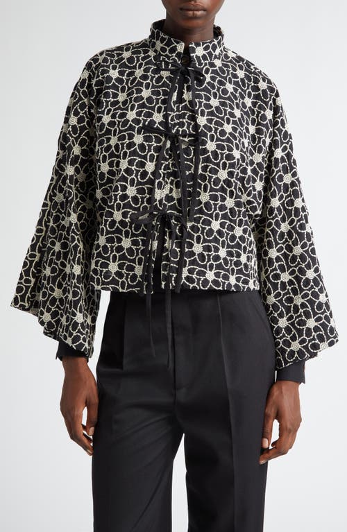 La Vie Style House Flower Embroidered Tie Front Crop Jacket In Cream/ Black