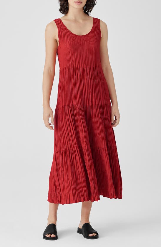 Shop Eileen Fisher Tiered Pleated Silk Midi Dress In Flame