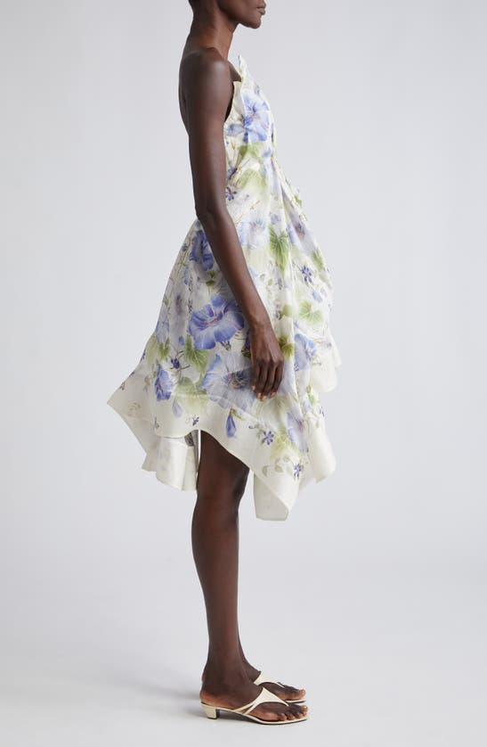 Shop Zimmermann Natura Floral Asymmetric Strapless Linen & Silk Dress In Cream/ Blue Floral