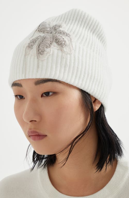 Shop Brunello Cucinelli Cashmere Rib Knit Beanie With Precious Flower Crest In White