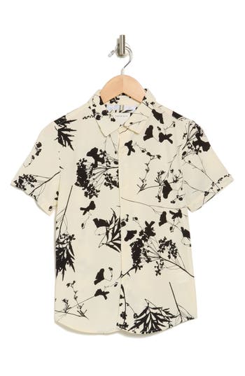 Denim And Flower Kids' Floral Short Sleeve Button-up Shirt In Off White W/blackfloral
