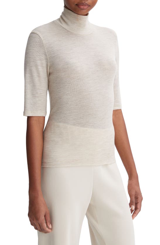 Vince Merino Wool Elbow-sleeve Turtleneck T-shirt In Heather Sesame