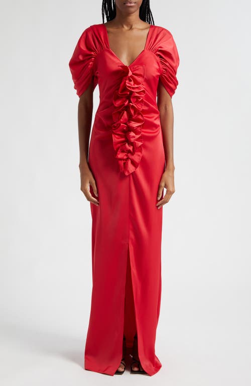 Suss Ruched Sleeve Ruffle Satin Dress in Red