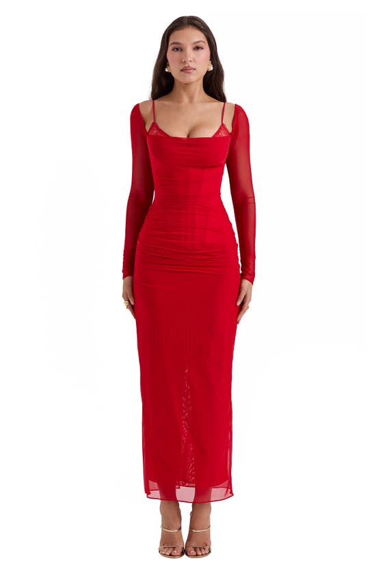 Shop House Of Cb Katrina Lace Mesh Long Sleeve Gown In Red
