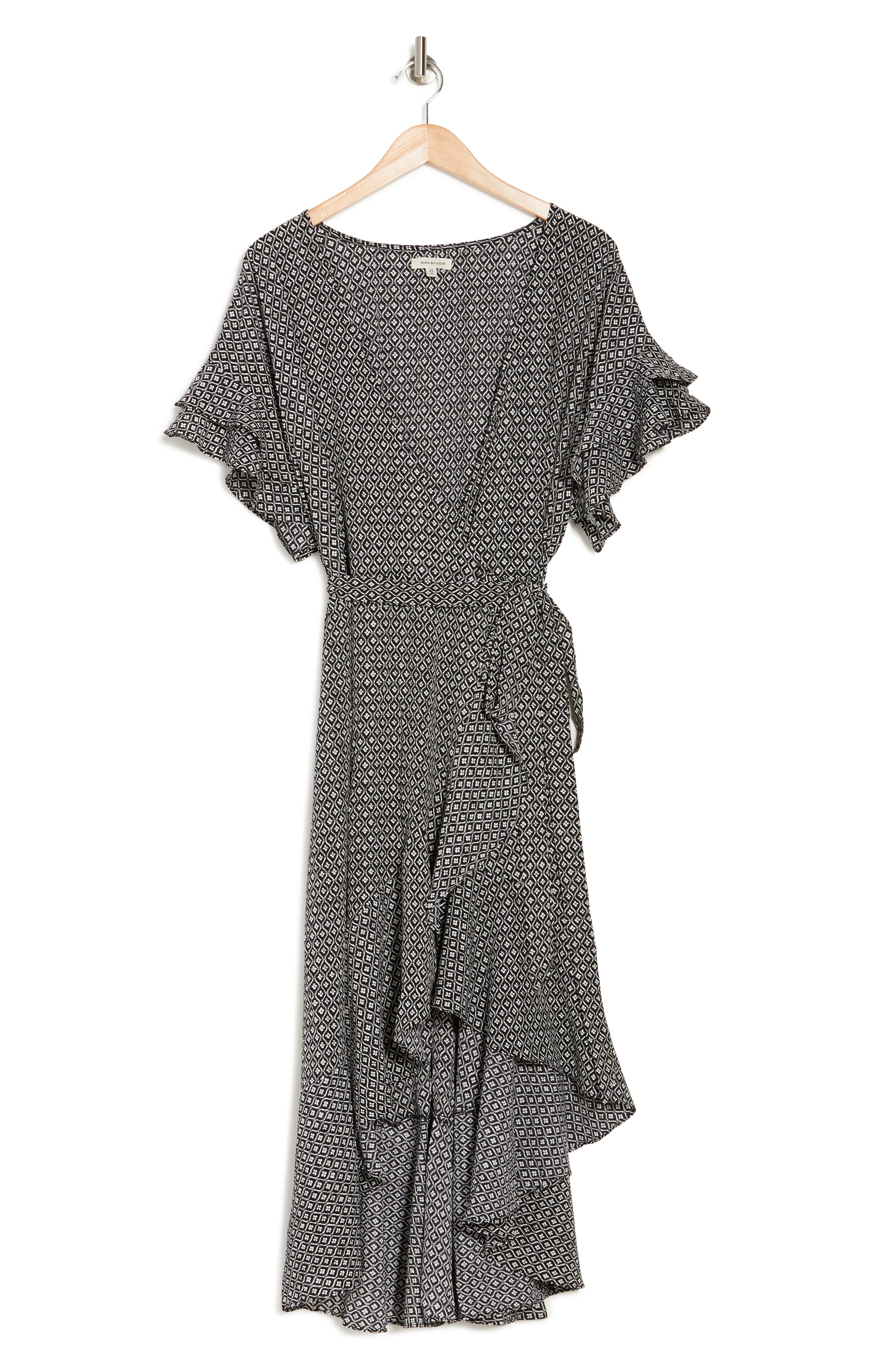 Max Studio Short Sleeve Wrapped Midi Dress In Blkivdmm