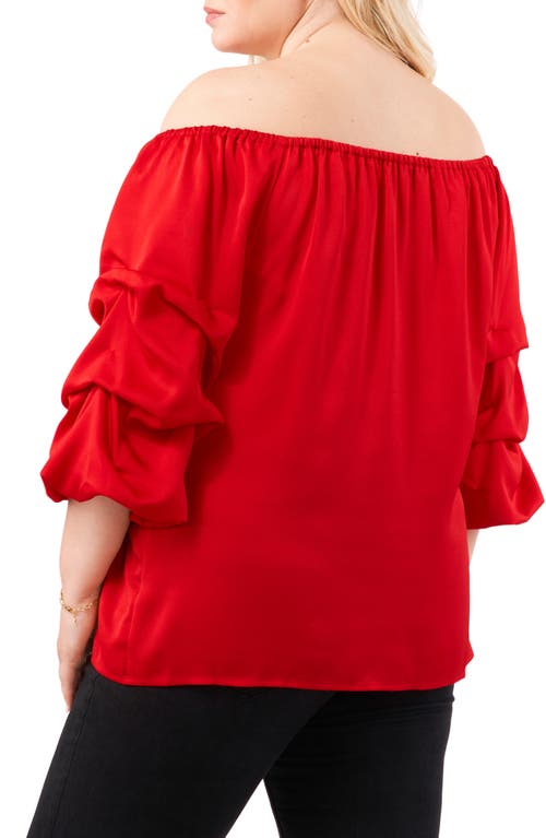 Shop Vince Camuto Off The Shoulder Bubble Sleeve Satin Top In Ultra Red