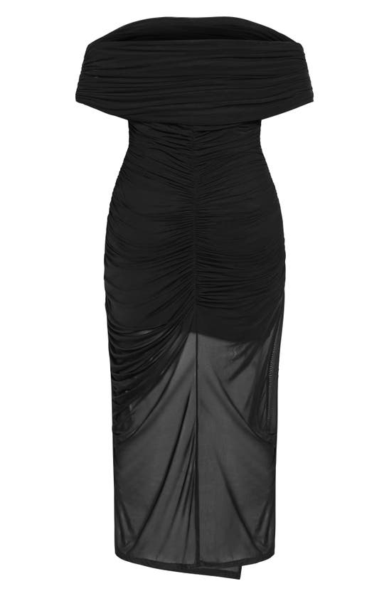 Shop City Chic Marianne Off The Shoulder Ruched Mesh Midi Dress In Black