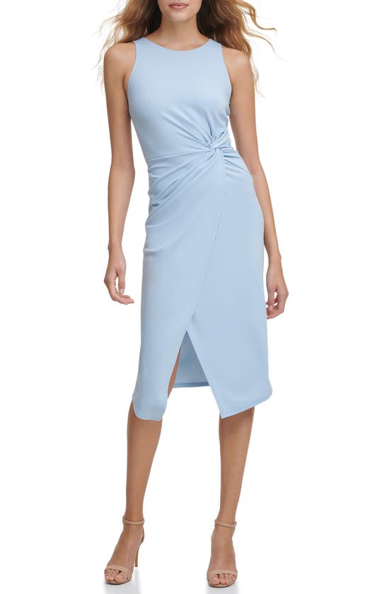 Guess Sleeveless Scuba Crepe Faux Wrap Dress In Light Blue